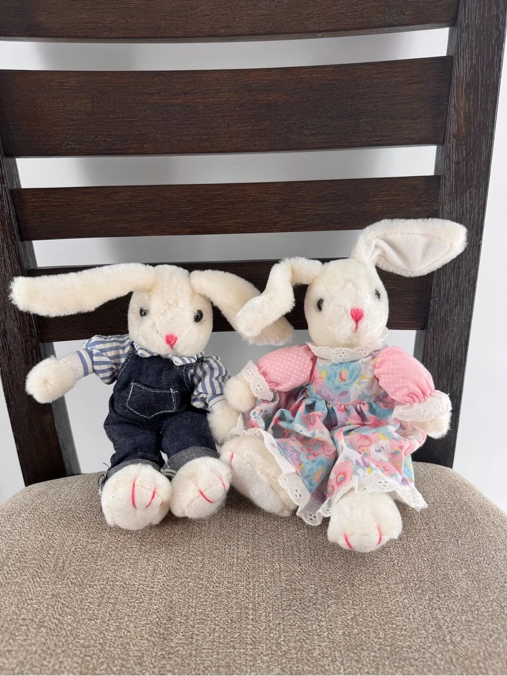 Vintage Plush Bunny Rabbit Couple Lot of 2 Boy Girl Matching Outfits Country